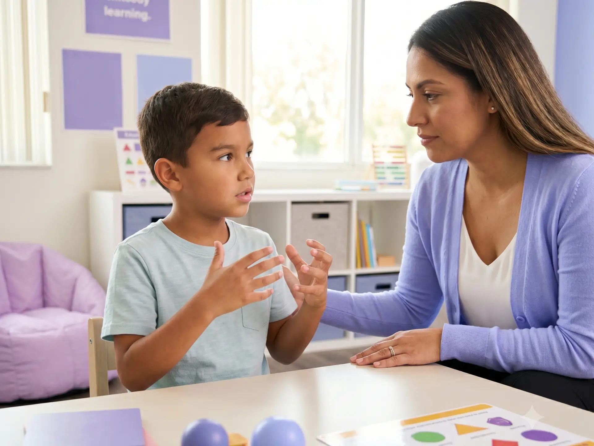 CCDB Applied Behavior Analysis (ABA) Therapy - boy talking with his ABA therapist at a table during a session