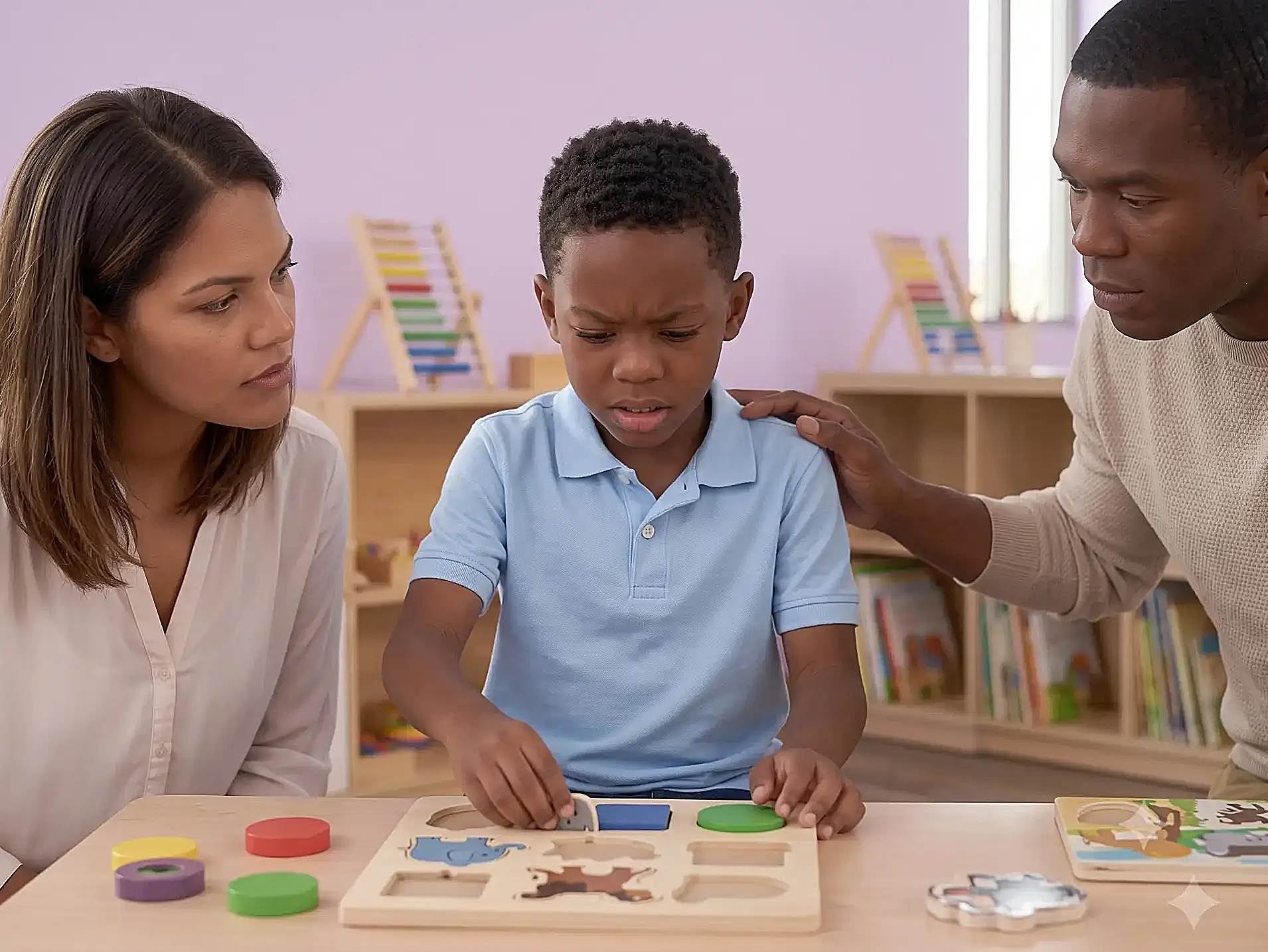 Child with ADHD struggling with focus during a puzzle activity, supported by attentive ABA therapists at Children's Center in Broward County