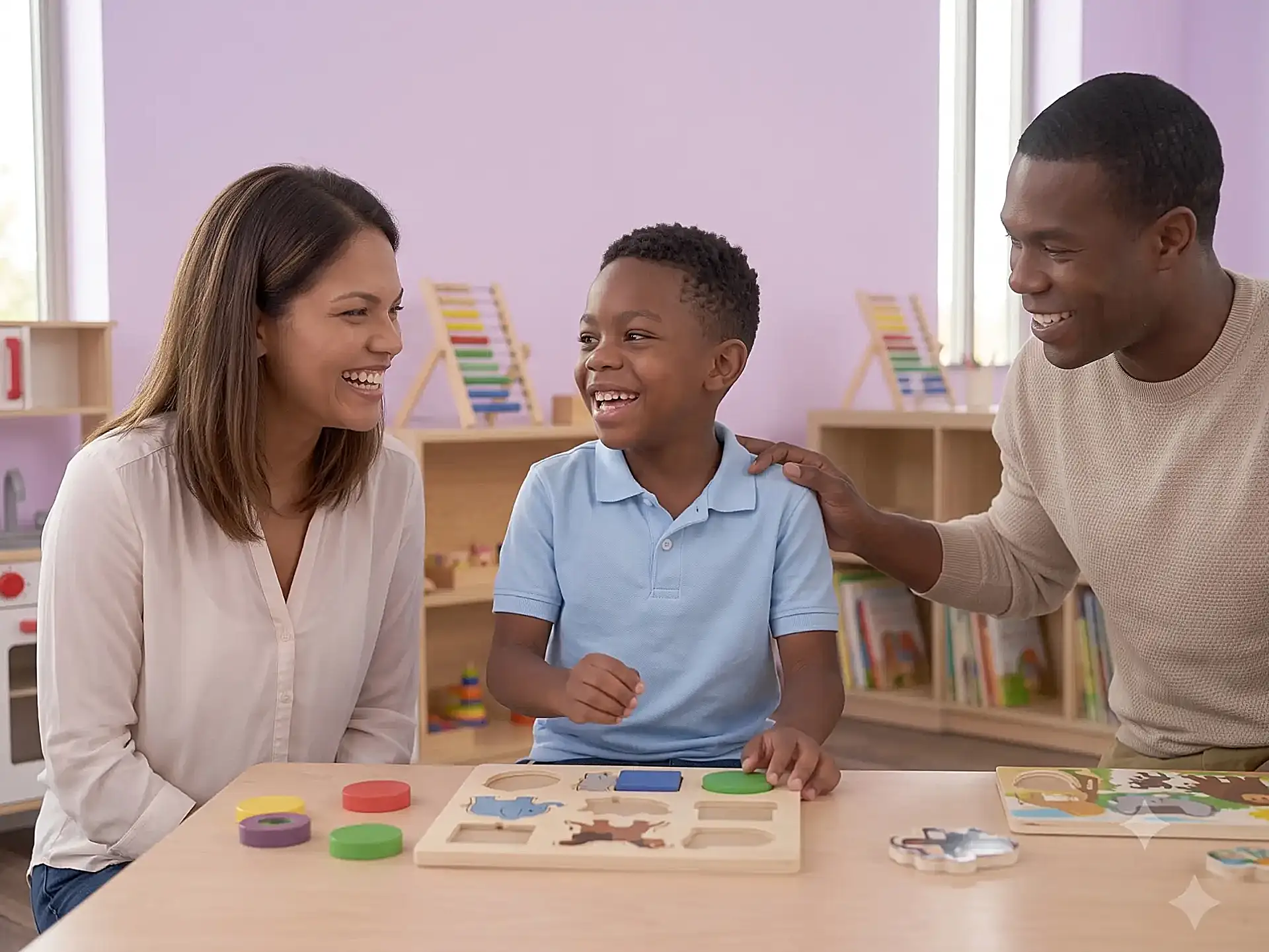 Child with ADHD laughing joyfully with ABA therapists during a structured puzzle activity, showing positive reinforcement in action at Children's Center