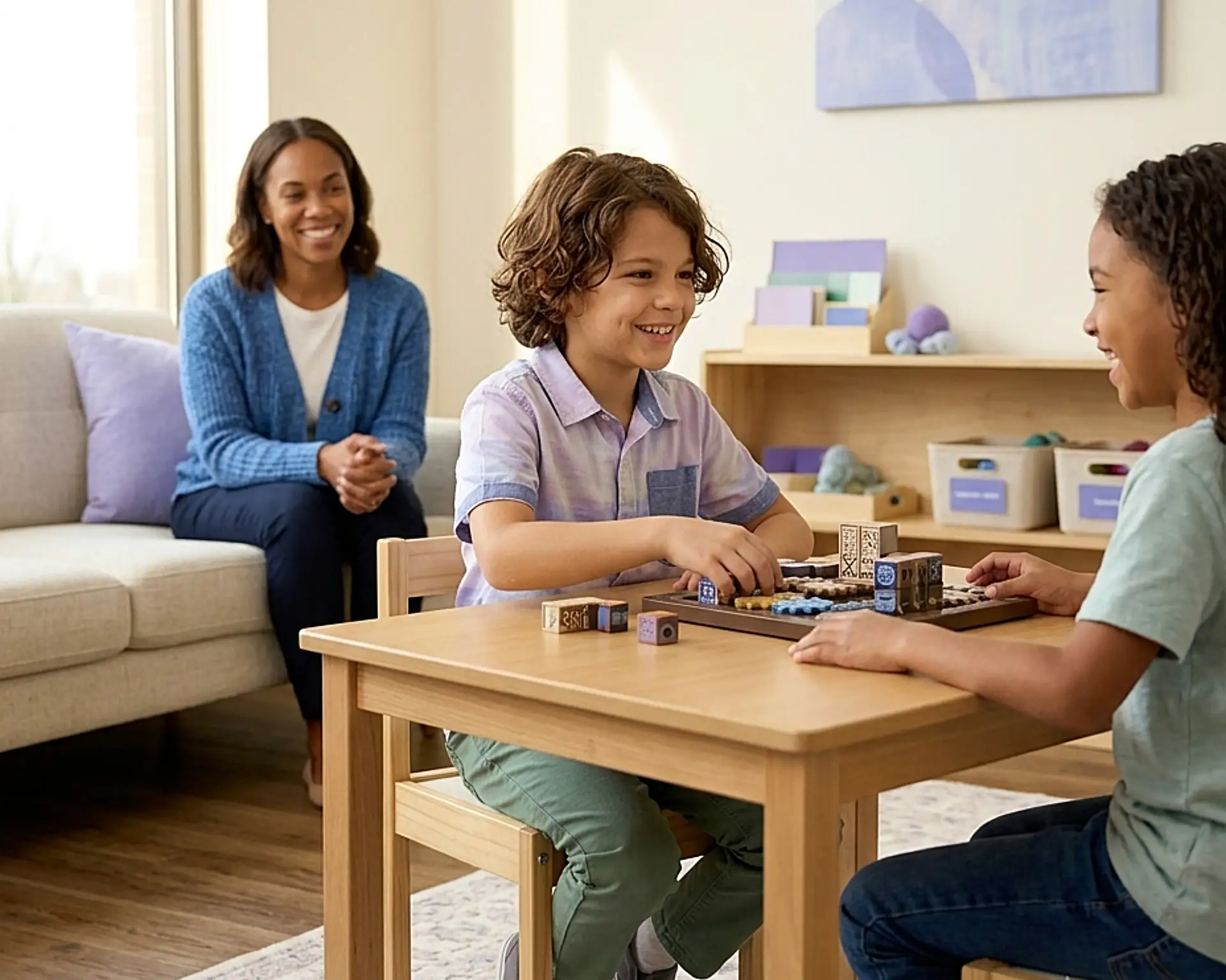 CCDB Autism Assessments - boy and girl playing a board game while their mother watches
