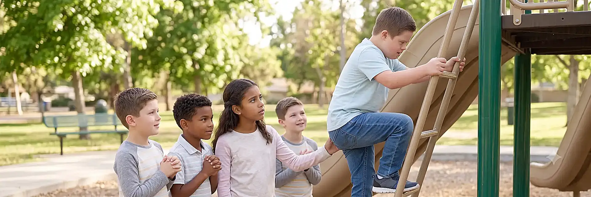 Child with Down syndrome climbing at a playground with peers, building social skills through ABA therapy at Children's Center in South Florida