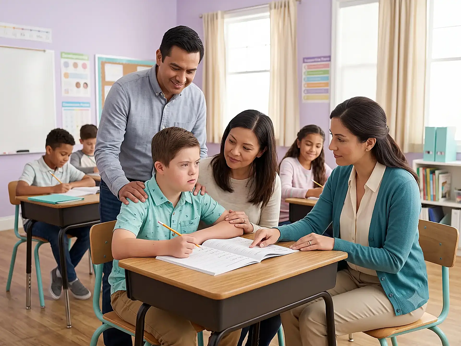 Parents and ABA therapist supporting a child with Down syndrome during a structured academic activity, reflecting the family-centered approach at Children's Center