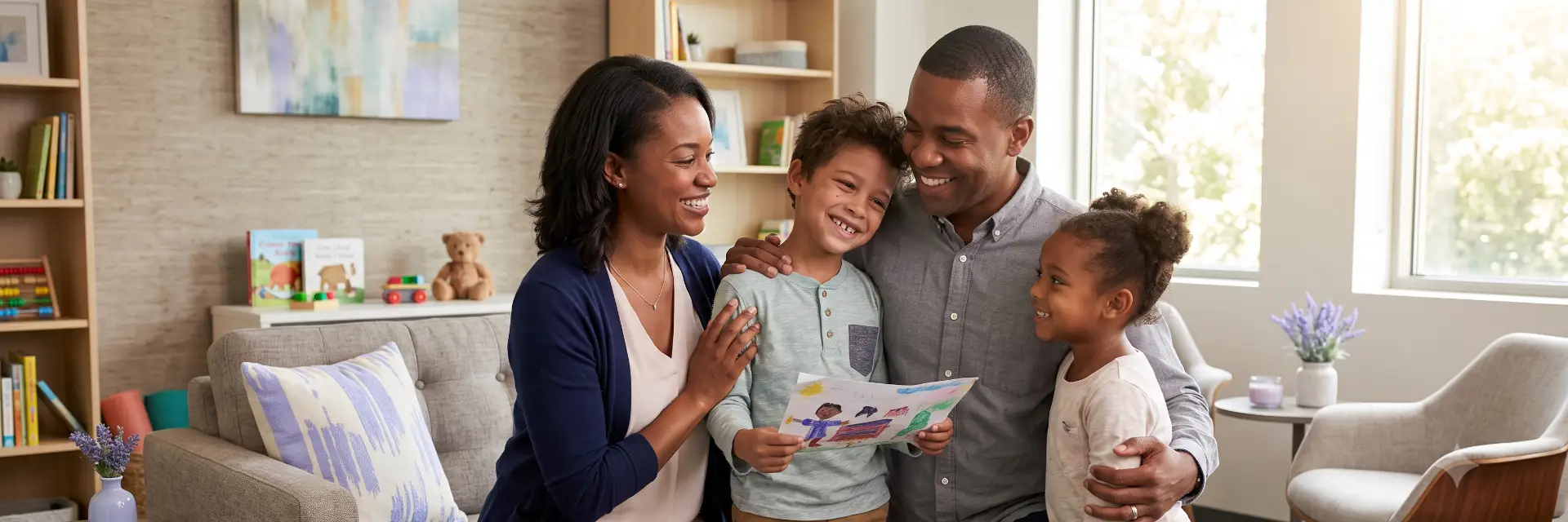 CCDB Family Therapy - family of four smiling together while looking at their child’s drawing