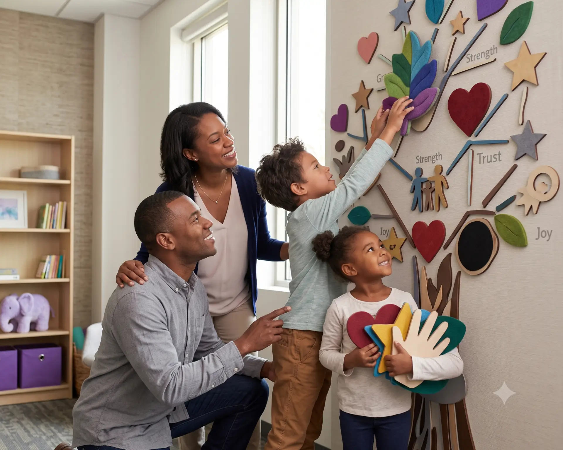 CCDB Family Therapy - family of four placing pieces on a strengths and emotions tree display
