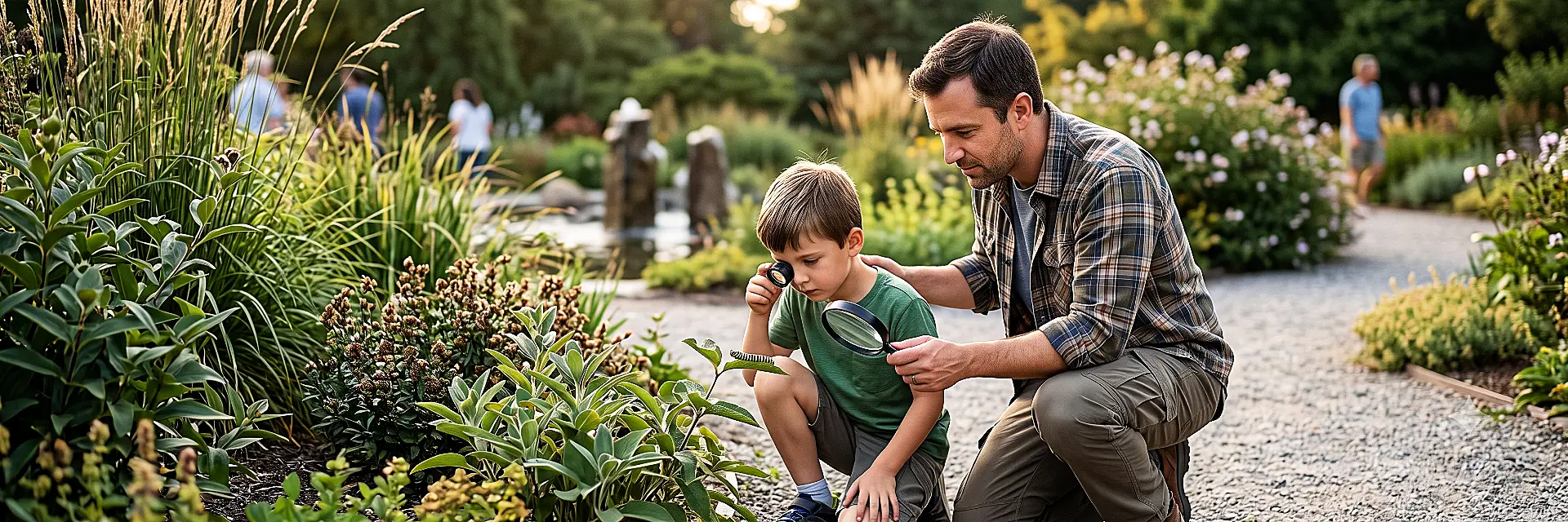 Father and child with Fragile X syndrome exploring a garden together with a magnifying glass, representing meaningful sensory-friendly family experiences supported by ABA therapy at Children's Center in South Florida