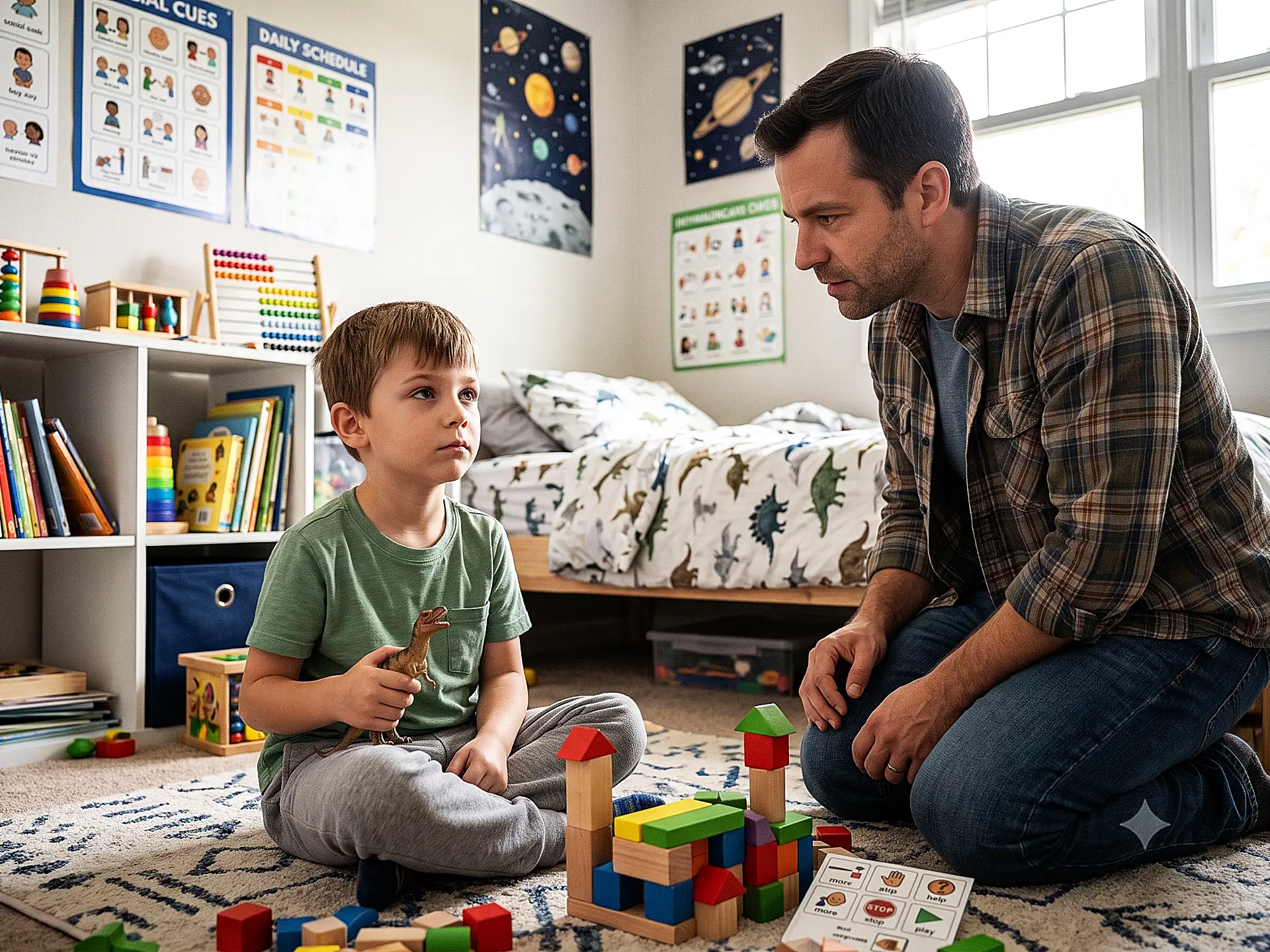 Father engaging his child with Fragile X syndrome during a structured home-based ABA therapy session, surrounded by visual support tools, daily schedule charts, and AAC picture cards at Children's Center