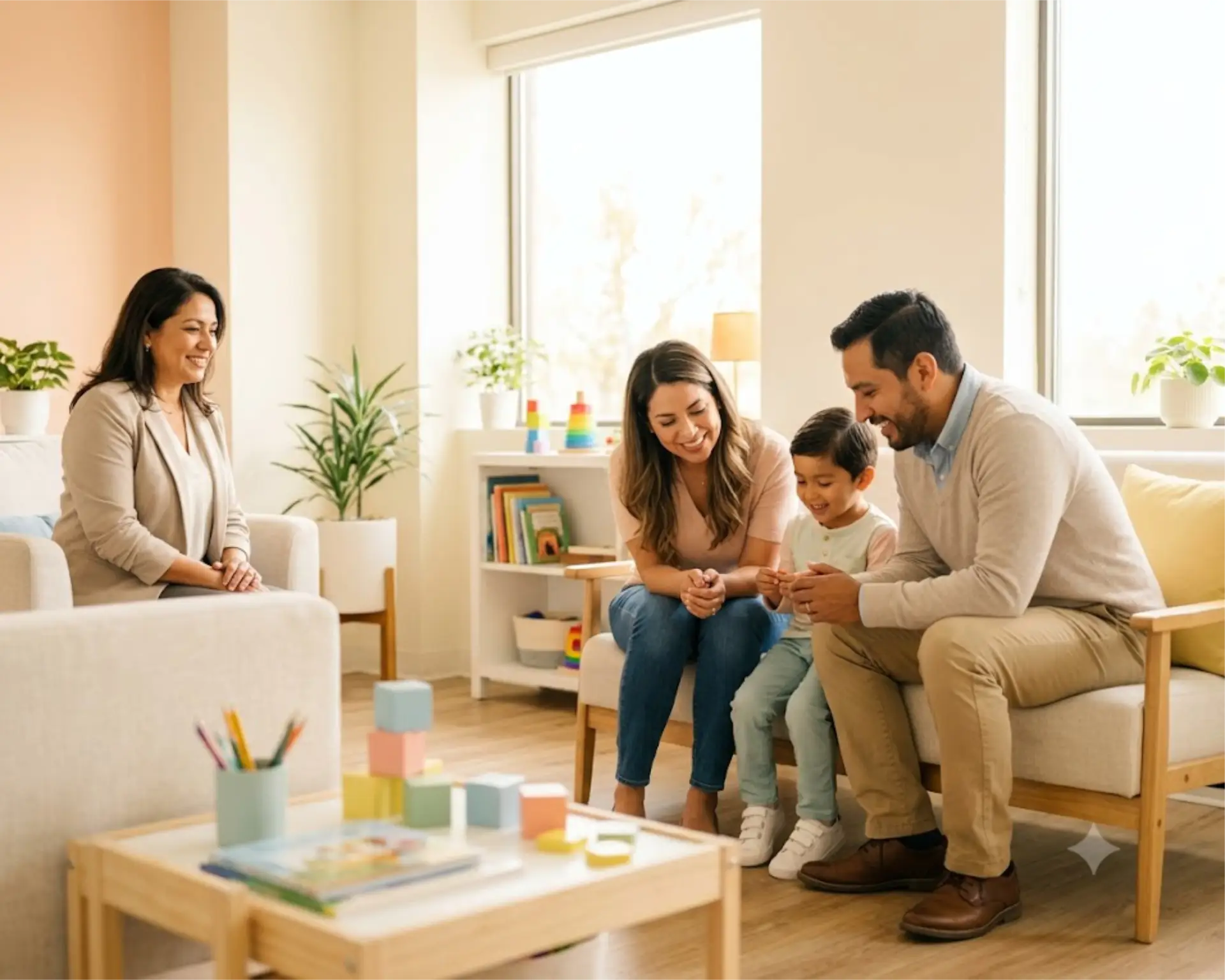 CCDB - smiling family of three meeting with their clinician