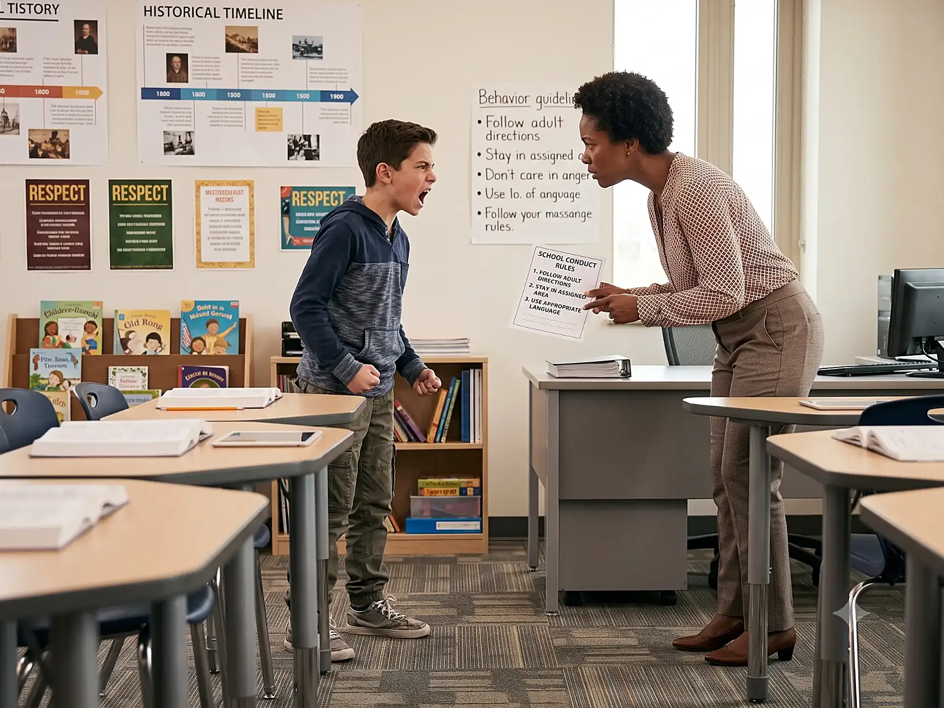 Boy with Oppositional Defiant Disorder displaying a defiant outburst toward a teacher in a classroom, illustrating behavioral challenges addressed through ABA therapy
