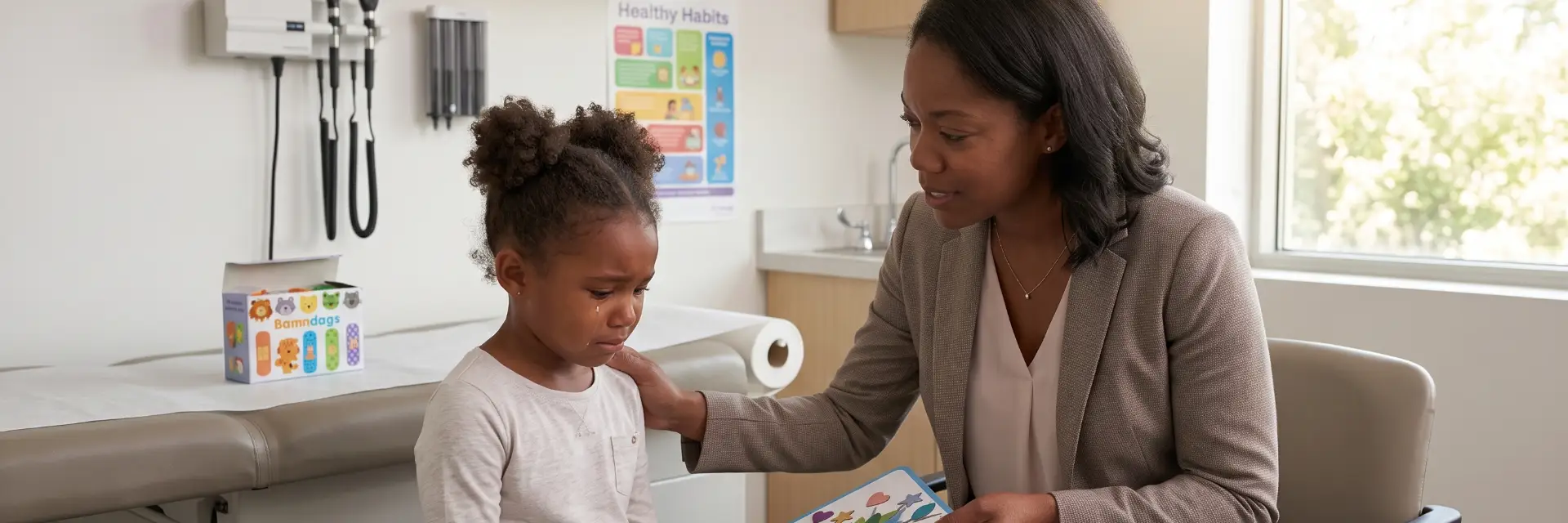 CCDB Psychological Assessments - clinician comforting a crying young girl during an evaluation