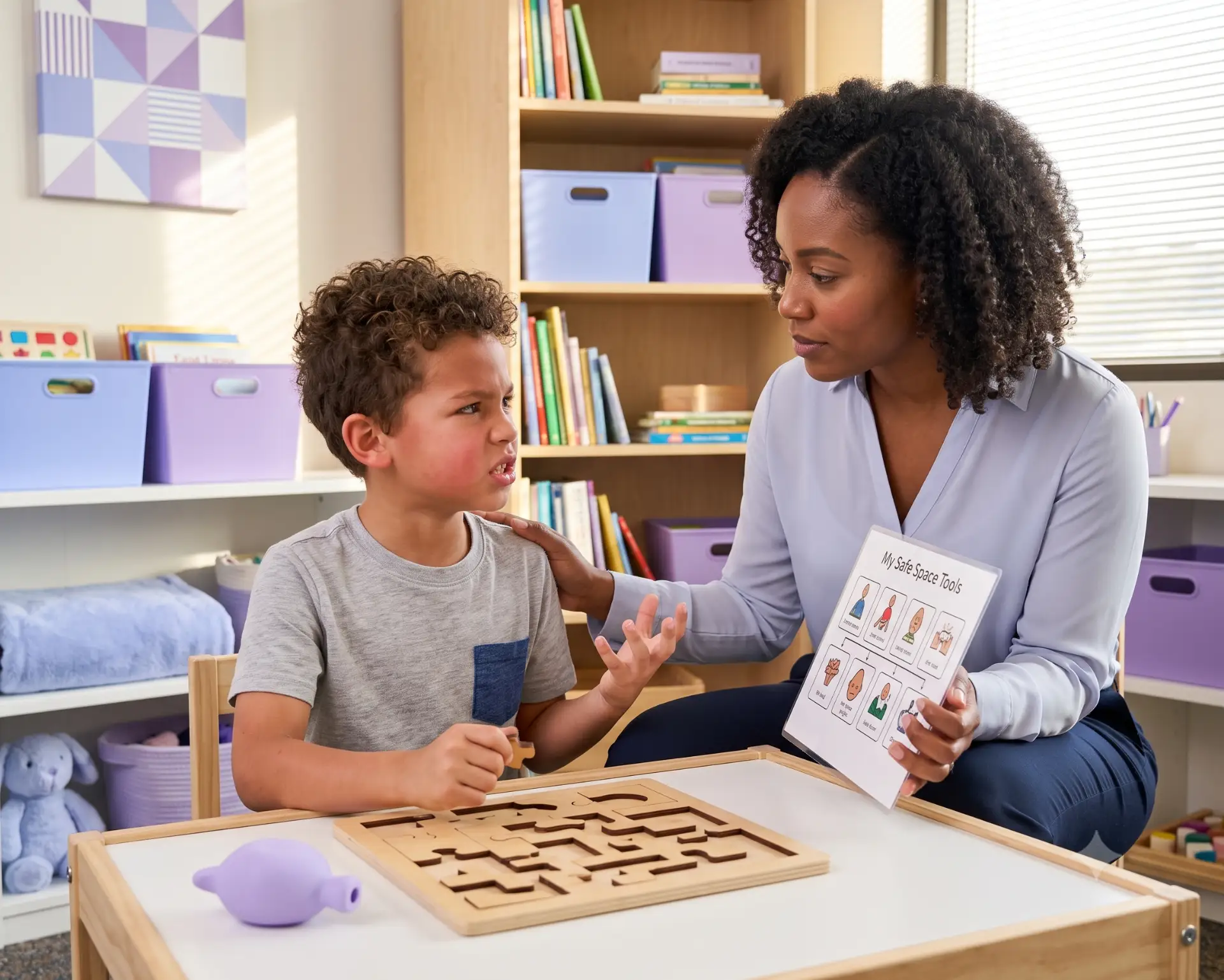CCDB Psychological Assessments - clinician calming a frustrated boy using a “My Safe Space Tools” card
