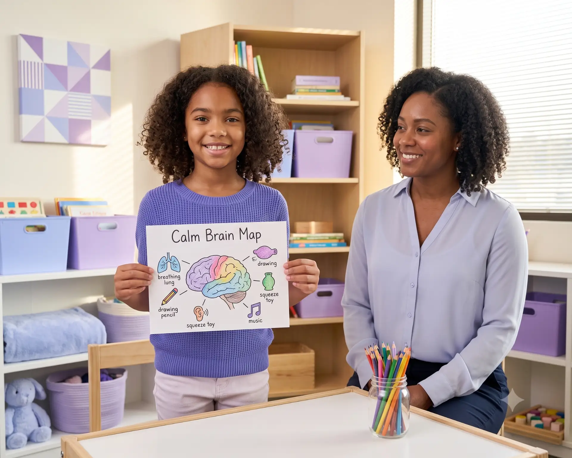 CCDB Psychological Assessments - smiling girl holding a “Calm Brain Map” poster with her clinician